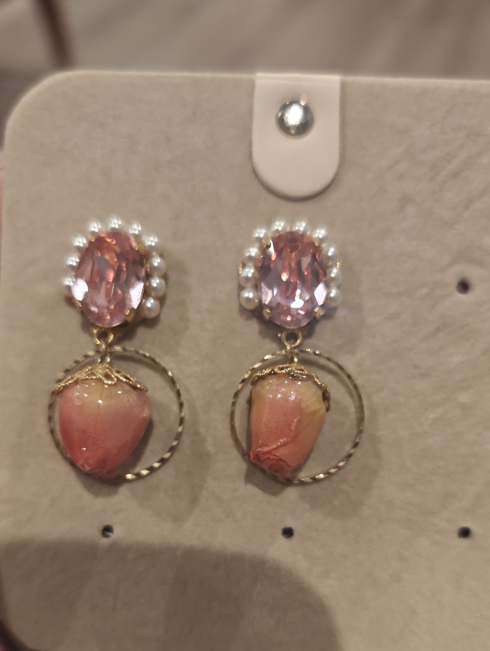Japanese Handmade Pink Crystal and Rose Drop Gold-Tone Earrings